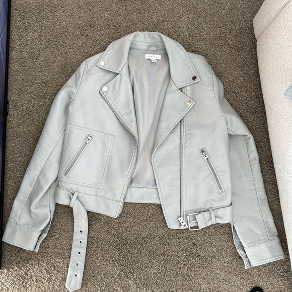 Topshop Kota Crop Faux Leather Jacket, size 6, light grey - Picture 2 of 4